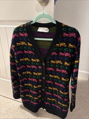 Coach Black Cardigan with Multicolor Logo & Carriage Motif